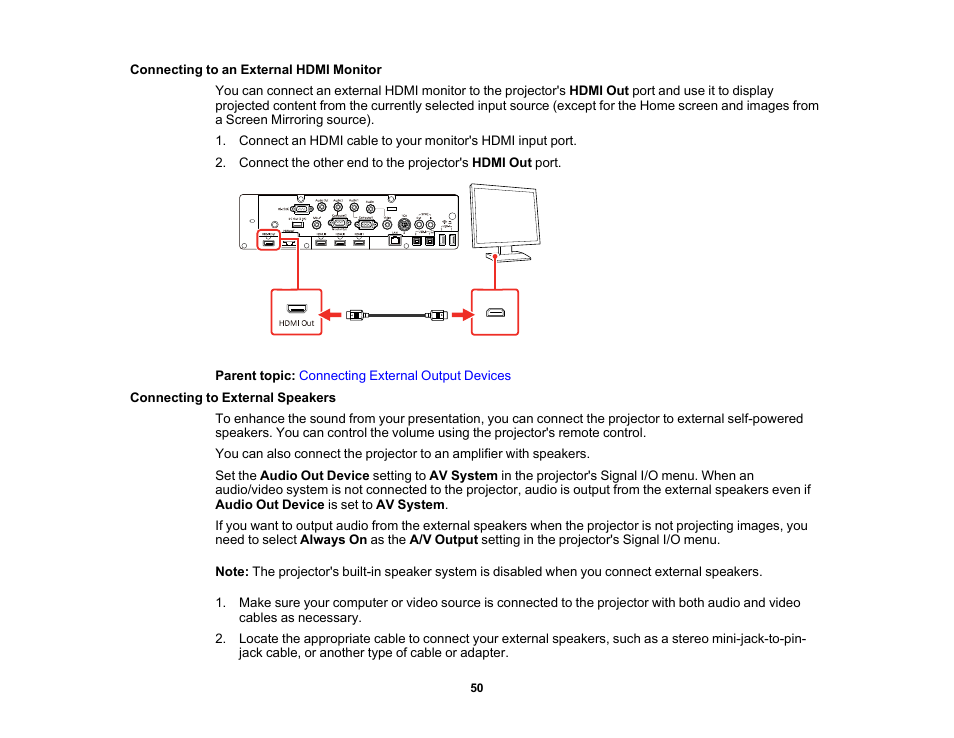 Connecting to an external hdmi monitor, Connecting to external speakers | Epson BrightLink 1485Fi 5000-Lumen Pixel-Shift Full HD Ultra-Short Throw 3LCD Interactive Laser Projector User Manual | Page 50 / 395