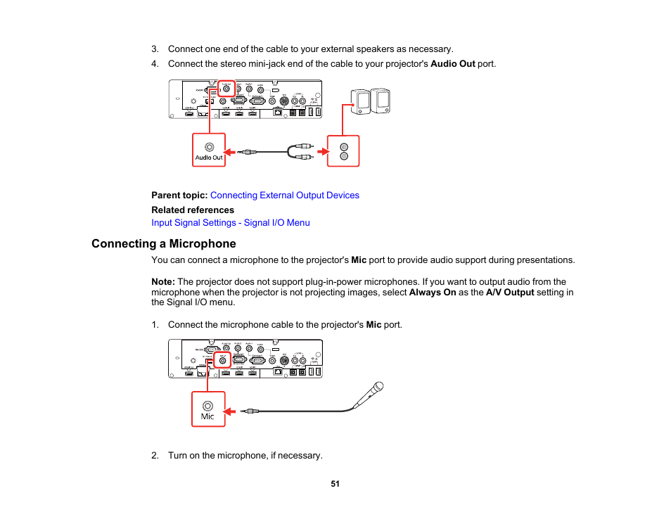 Connecting a microphone | Epson BrightLink 1485Fi 5000-Lumen Pixel-Shift Full HD Ultra-Short Throw 3LCD Interactive Laser Projector User Manual | Page 51 / 395