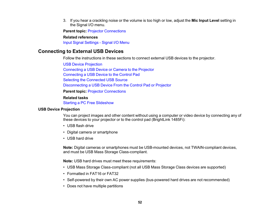 Connecting to external usb devices, Usb device projection | Epson BrightLink 1485Fi 5000-Lumen Pixel-Shift Full HD Ultra-Short Throw 3LCD Interactive Laser Projector User Manual | Page 52 / 395