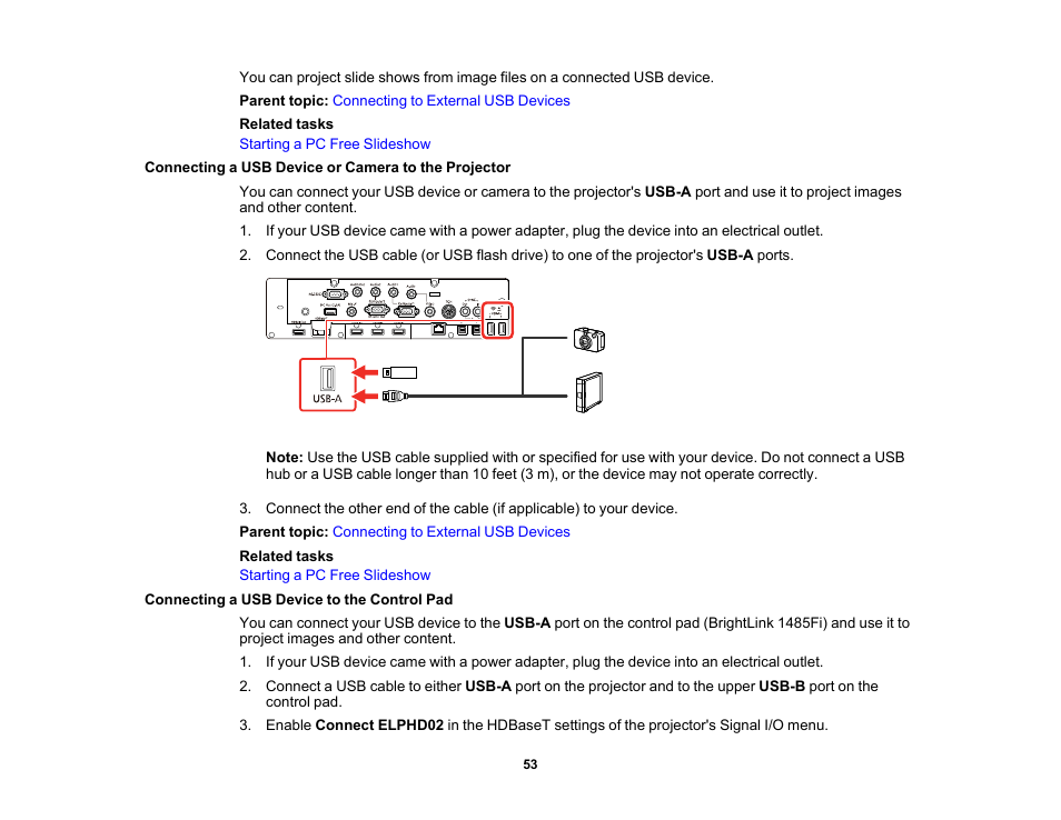 Connecting a usb device or camera to the projector, Connecting a usb device to the control pad | Epson BrightLink 1485Fi 5000-Lumen Pixel-Shift Full HD Ultra-Short Throw 3LCD Interactive Laser Projector User Manual | Page 53 / 395