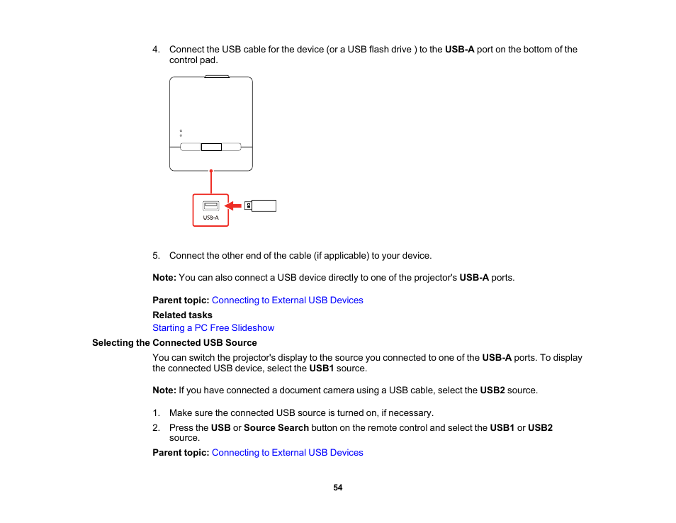 Selecting the connected usb source | Epson BrightLink 1485Fi 5000-Lumen Pixel-Shift Full HD Ultra-Short Throw 3LCD Interactive Laser Projector User Manual | Page 54 / 395