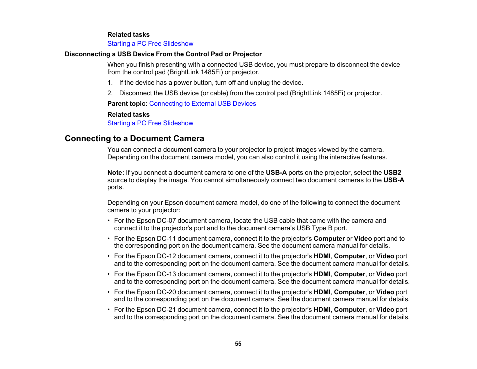 Connecting to a document camera | Epson BrightLink 1485Fi 5000-Lumen Pixel-Shift Full HD Ultra-Short Throw 3LCD Interactive Laser Projector User Manual | Page 55 / 395