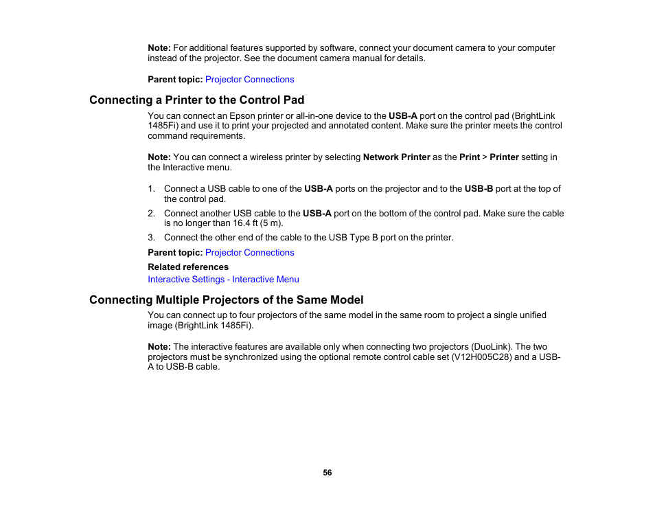 Connecting a printer to the control pad, Connecting multiple projectors of the same model | Epson BrightLink 1485Fi 5000-Lumen Pixel-Shift Full HD Ultra-Short Throw 3LCD Interactive Laser Projector User Manual | Page 56 / 395