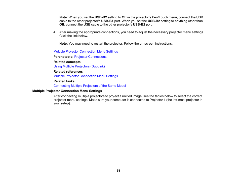 Multiple projector connection menu settings | Epson BrightLink 1485Fi 5000-Lumen Pixel-Shift Full HD Ultra-Short Throw 3LCD Interactive Laser Projector User Manual | Page 58 / 395