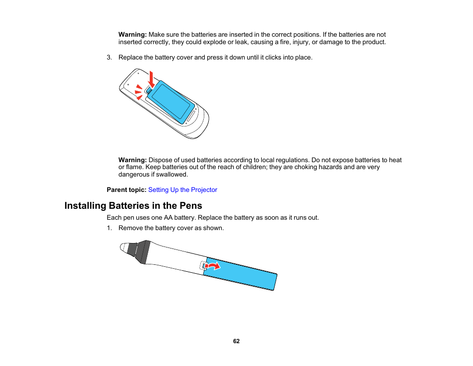 Installing batteries in the pens | Epson BrightLink 1485Fi 5000-Lumen Pixel-Shift Full HD Ultra-Short Throw 3LCD Interactive Laser Projector User Manual | Page 62 / 395