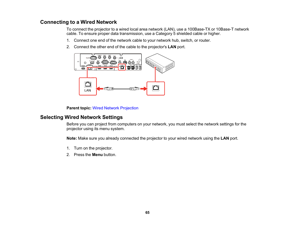 Connecting to a wired network, Selecting wired network settings | Epson BrightLink 1485Fi 5000-Lumen Pixel-Shift Full HD Ultra-Short Throw 3LCD Interactive Laser Projector User Manual | Page 65 / 395