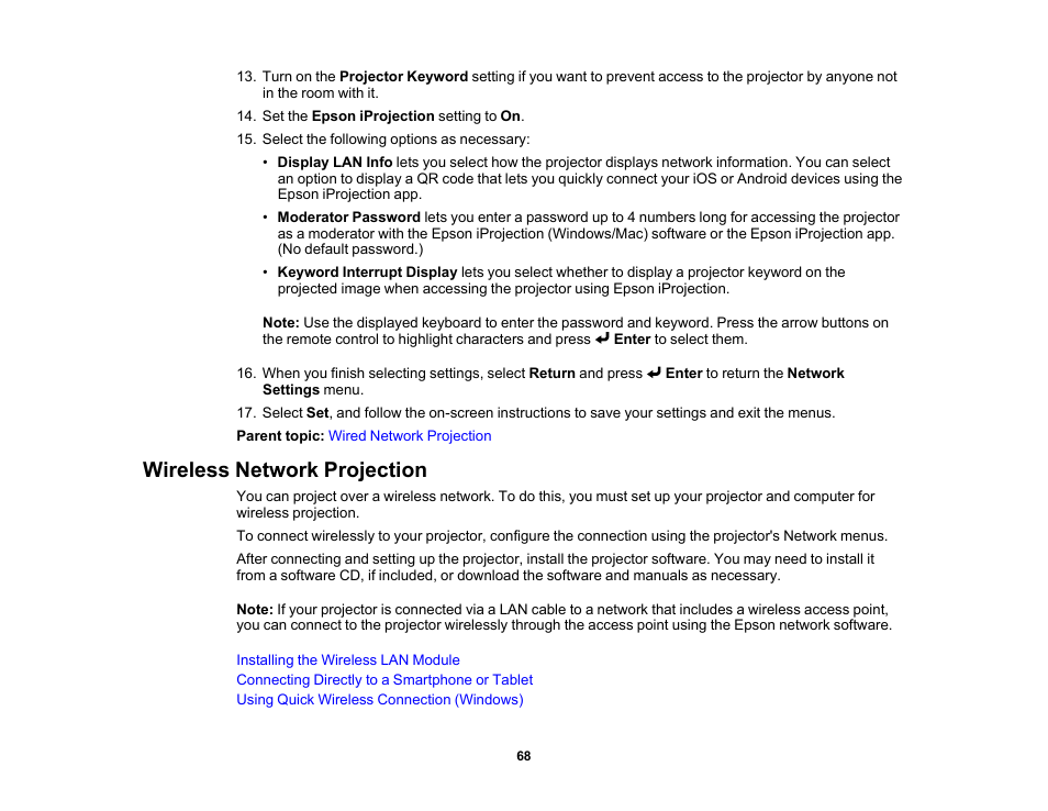 Wireless network projection | Epson BrightLink 1485Fi 5000-Lumen Pixel-Shift Full HD Ultra-Short Throw 3LCD Interactive Laser Projector User Manual | Page 68 / 395