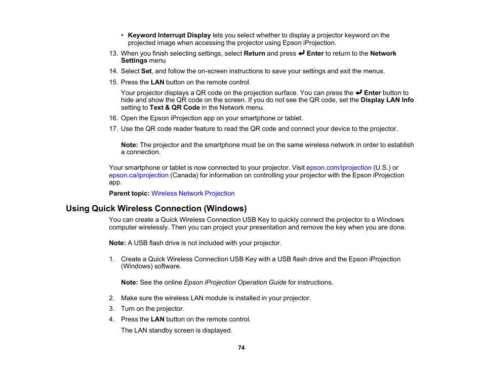 Using quick wireless connection (windows) | Epson BrightLink 1485Fi 5000-Lumen Pixel-Shift Full HD Ultra-Short Throw 3LCD Interactive Laser Projector User Manual | Page 74 / 395