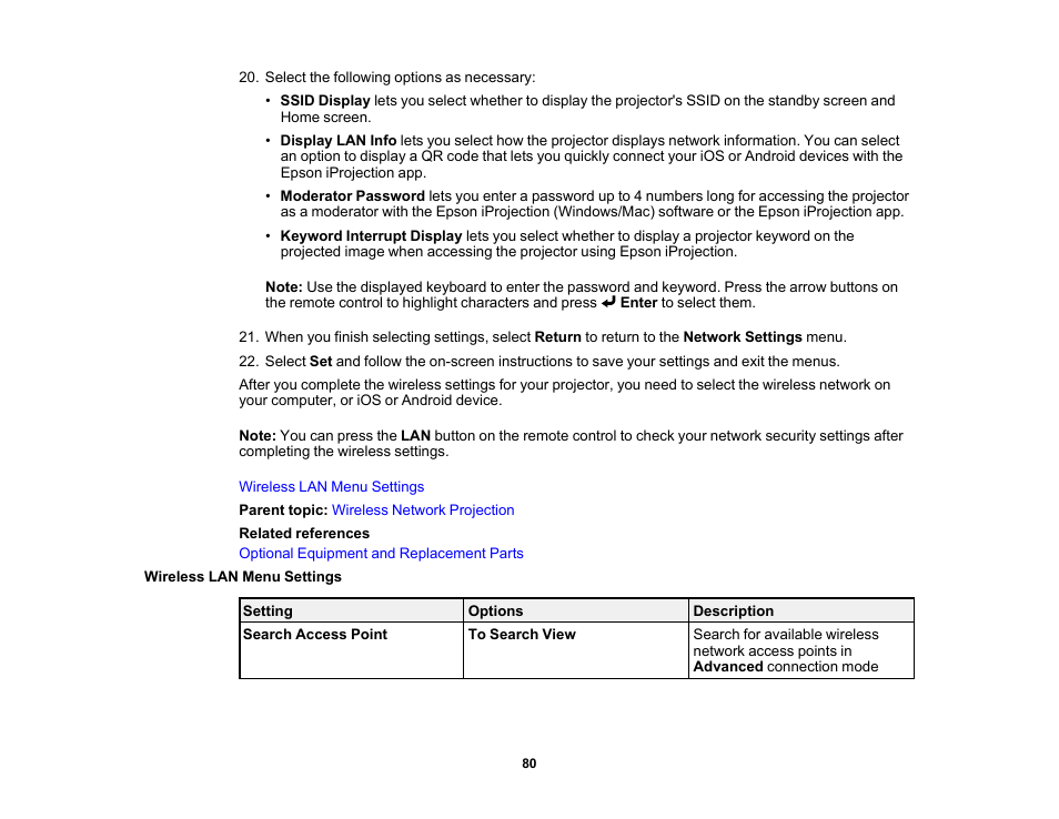 Wireless lan menu settings | Epson BrightLink 1485Fi 5000-Lumen Pixel-Shift Full HD Ultra-Short Throw 3LCD Interactive Laser Projector User Manual | Page 80 / 395