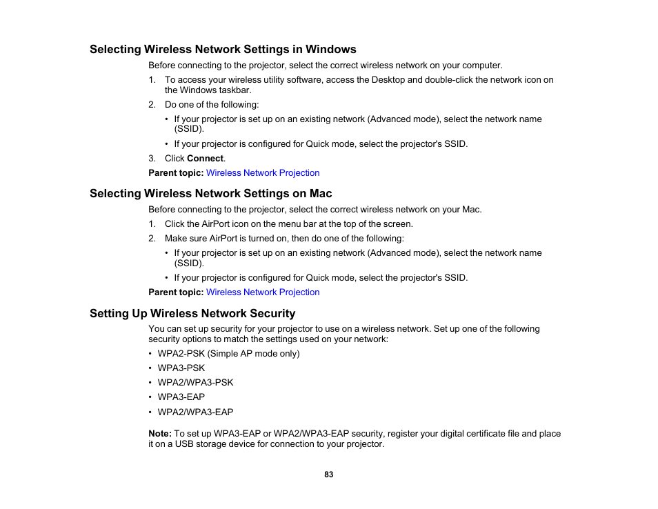 Selecting wireless network settings in windows, Selecting wireless network settings on mac, Setting up wireless network security | Epson BrightLink 1485Fi 5000-Lumen Pixel-Shift Full HD Ultra-Short Throw 3LCD Interactive Laser Projector User Manual | Page 83 / 395