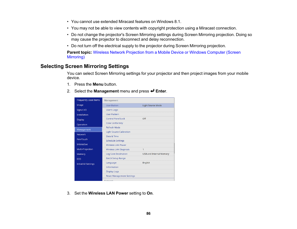 Selecting screen mirroring settings | Epson BrightLink 1485Fi 5000-Lumen Pixel-Shift Full HD Ultra-Short Throw 3LCD Interactive Laser Projector User Manual | Page 86 / 395