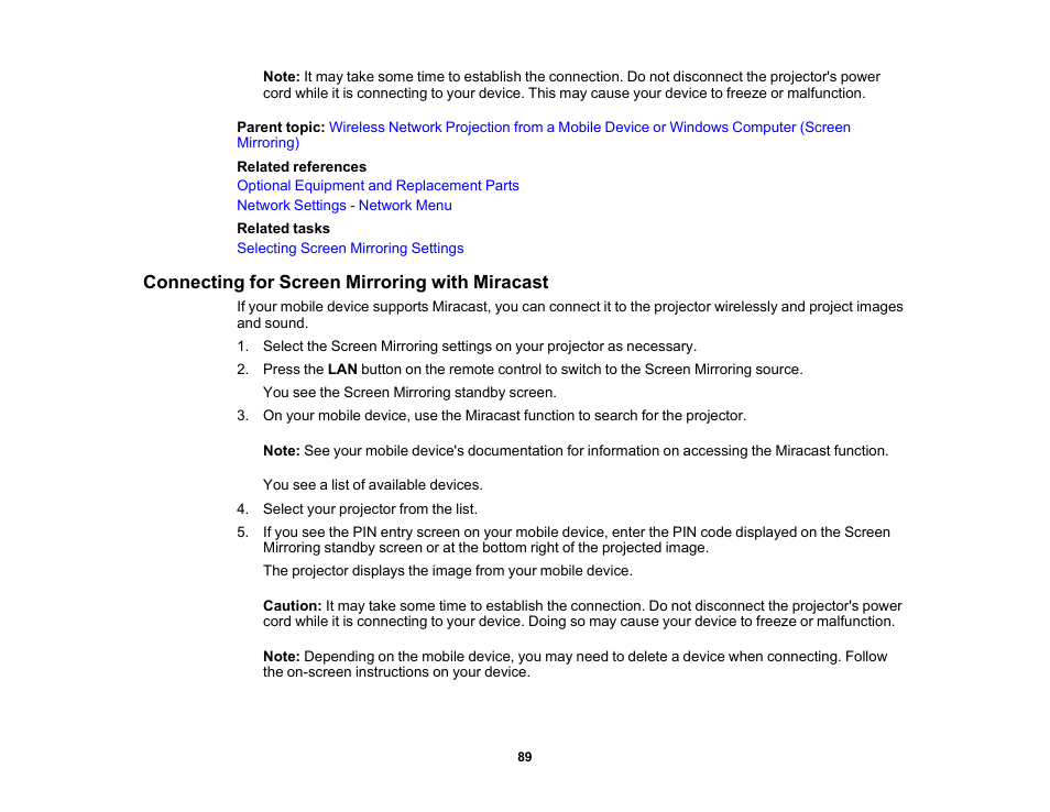 Connecting for screen mirroring with miracast | Epson BrightLink 1485Fi 5000-Lumen Pixel-Shift Full HD Ultra-Short Throw 3LCD Interactive Laser Projector User Manual | Page 89 / 395