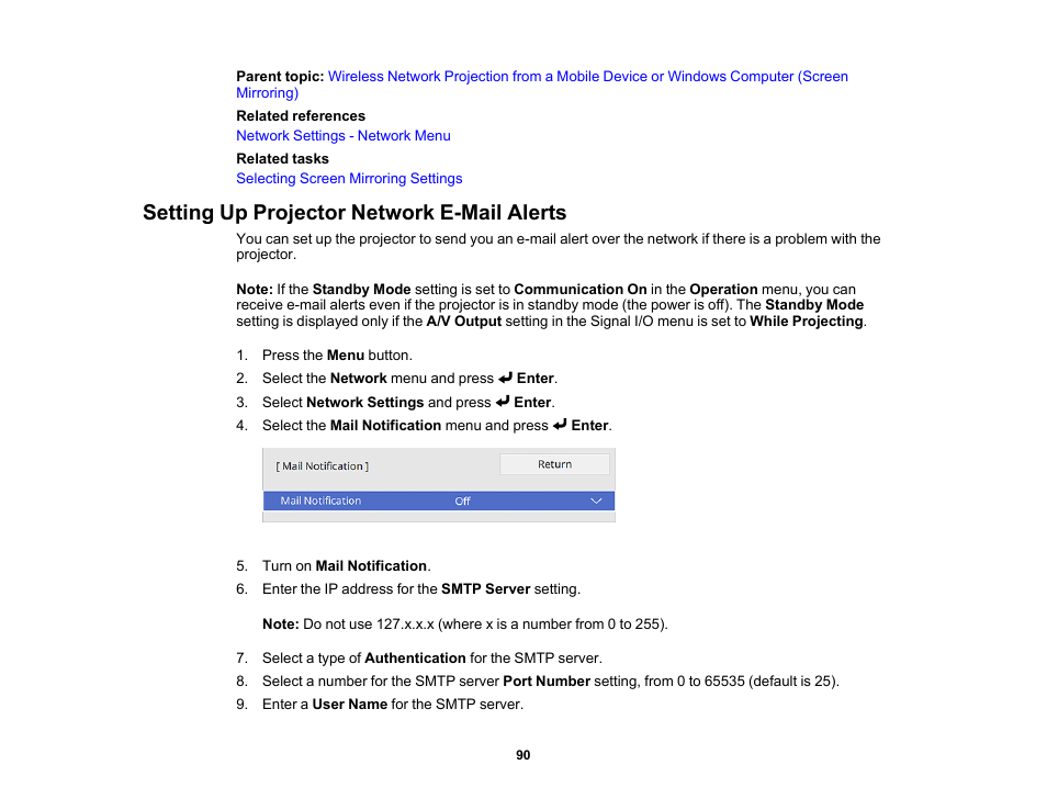 Setting up projector network e-mail alerts | Epson BrightLink 1485Fi 5000-Lumen Pixel-Shift Full HD Ultra-Short Throw 3LCD Interactive Laser Projector User Manual | Page 90 / 395