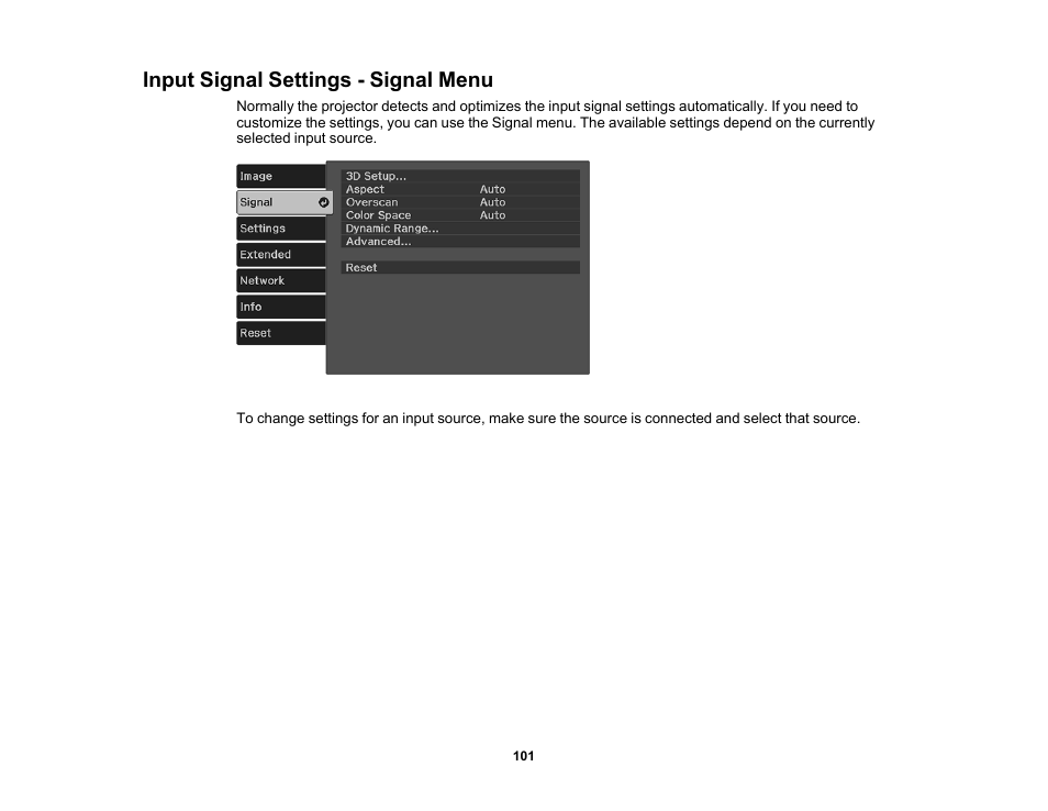 Input signal settings - signal menu | Epson 100" EpiqVision Ultra LS500 4000-Lumen Pixel-Shift 4K UHD 3LCD Laser Projector TV System with 100" Screen (White Projector) User Manual | Page 101 / 170