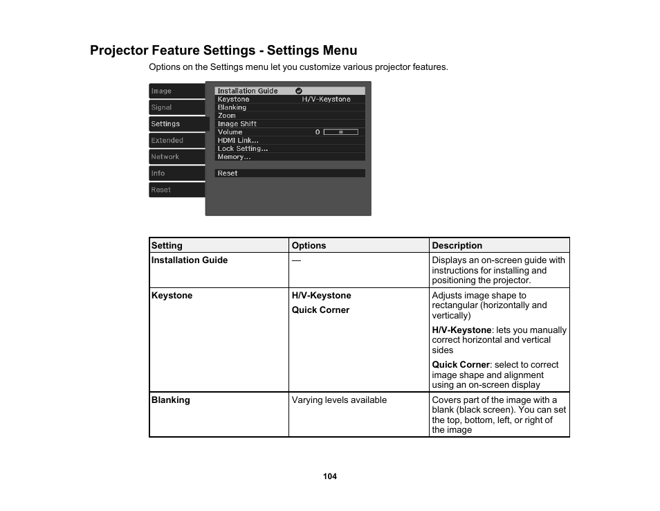 Projector feature settings - settings menu | Epson 100" EpiqVision Ultra LS500 4000-Lumen Pixel-Shift 4K UHD 3LCD Laser Projector TV System with 100" Screen (White Projector) User Manual | Page 104 / 170