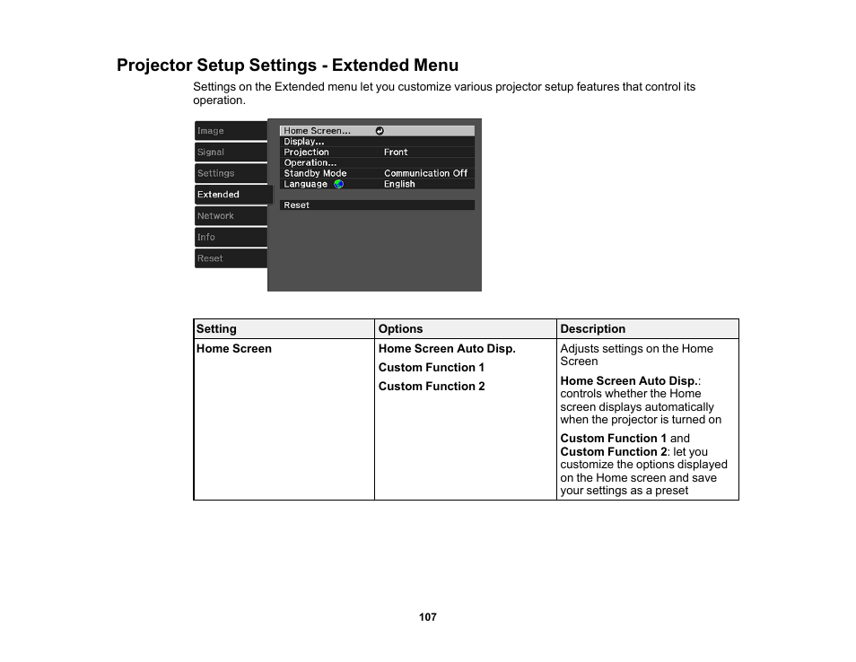 Projector setup settings - extended menu | Epson 100" EpiqVision Ultra LS500 4000-Lumen Pixel-Shift 4K UHD 3LCD Laser Projector TV System with 100" Screen (White Projector) User Manual | Page 107 / 170