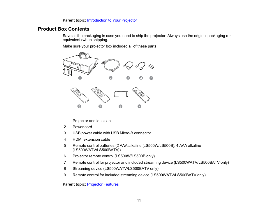 Product box contents | Epson 100" EpiqVision Ultra LS500 4000-Lumen Pixel-Shift 4K UHD 3LCD Laser Projector TV System with 100" Screen (White Projector) User Manual | Page 11 / 170