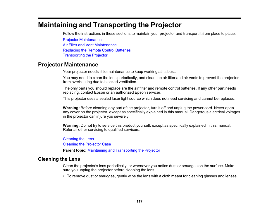 Maintaining and transporting the projector, Projector maintenance, Cleaning the lens | Epson 100" EpiqVision Ultra LS500 4000-Lumen Pixel-Shift 4K UHD 3LCD Laser Projector TV System with 100" Screen (White Projector) User Manual | Page 117 / 170