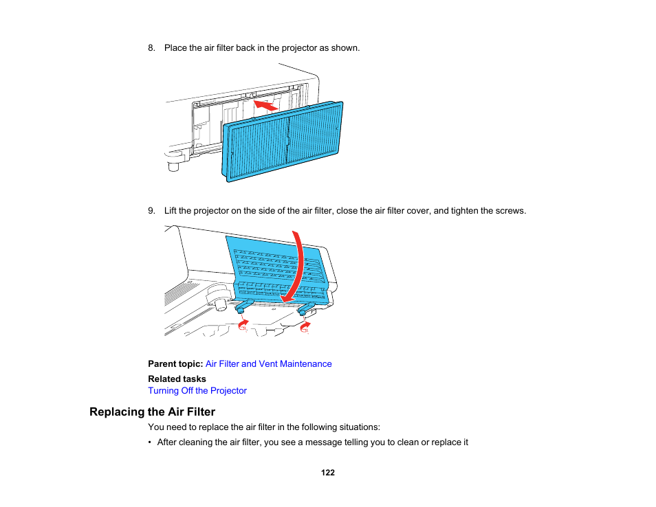 Replacing the air filter | Epson 100" EpiqVision Ultra LS500 4000-Lumen Pixel-Shift 4K UHD 3LCD Laser Projector TV System with 100" Screen (White Projector) User Manual | Page 122 / 170