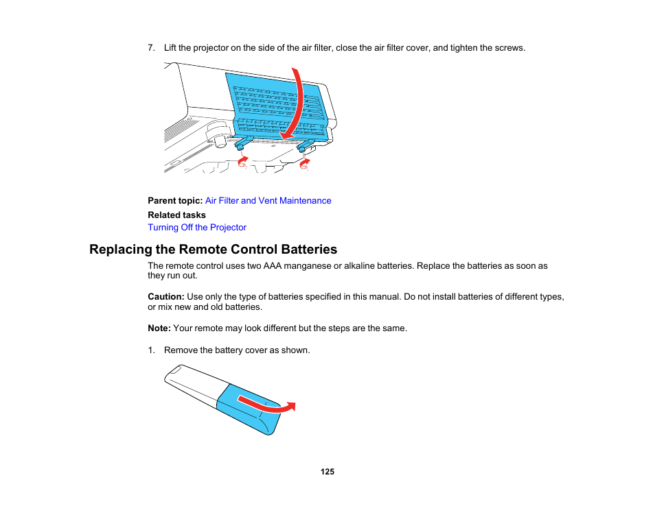 Replacing the remote control batteries | Epson 100" EpiqVision Ultra LS500 4000-Lumen Pixel-Shift 4K UHD 3LCD Laser Projector TV System with 100" Screen (White Projector) User Manual | Page 125 / 170