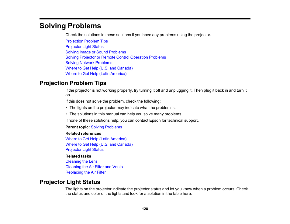 Solving problems, Projection problem tips, Projector light status | Projection problem tips projector light status | Epson 100" EpiqVision Ultra LS500 4000-Lumen Pixel-Shift 4K UHD 3LCD Laser Projector TV System with 100" Screen (White Projector) User Manual | Page 128 / 170