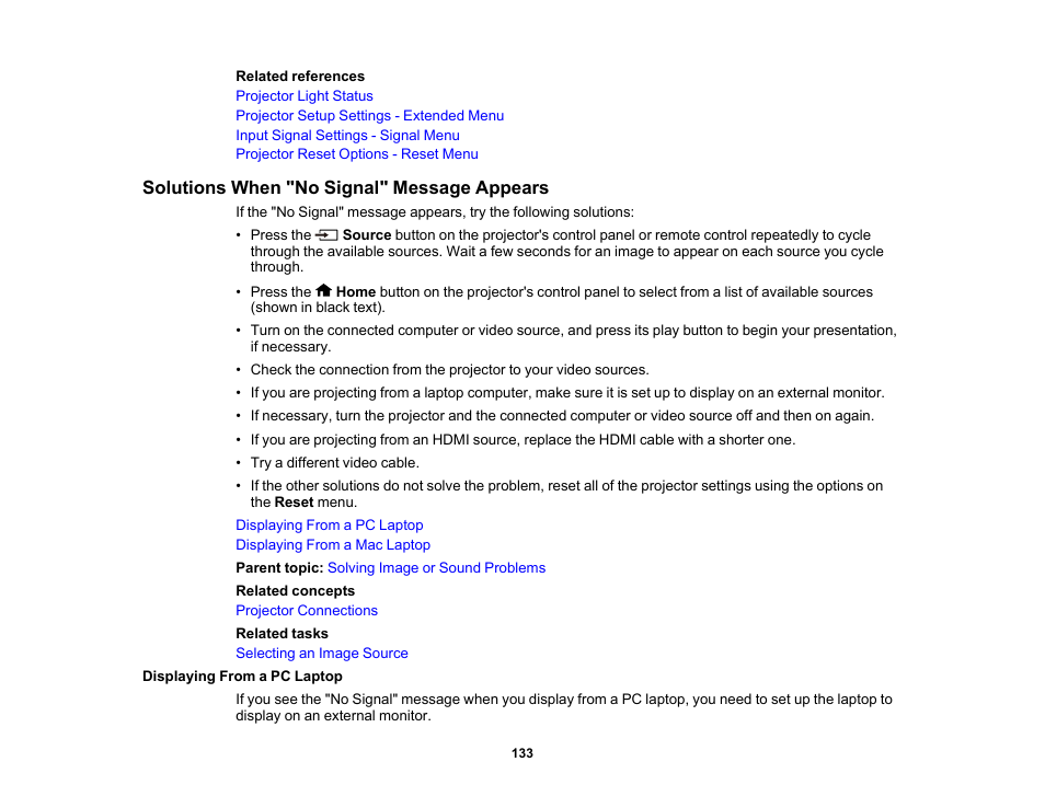 Solutions when "no signal" message appears, Displaying from a pc laptop | Epson 100" EpiqVision Ultra LS500 4000-Lumen Pixel-Shift 4K UHD 3LCD Laser Projector TV System with 100" Screen (White Projector) User Manual | Page 133 / 170