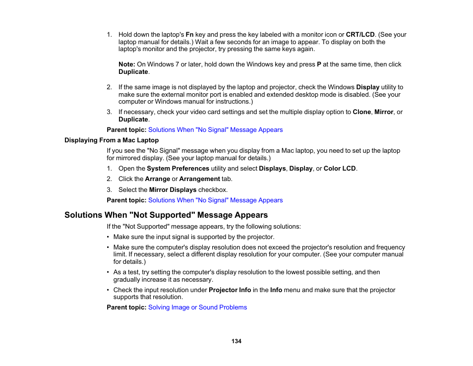 Displaying from a mac laptop, Solutions when "not supported" message appears | Epson 100" EpiqVision Ultra LS500 4000-Lumen Pixel-Shift 4K UHD 3LCD Laser Projector TV System with 100" Screen (White Projector) User Manual | Page 134 / 170