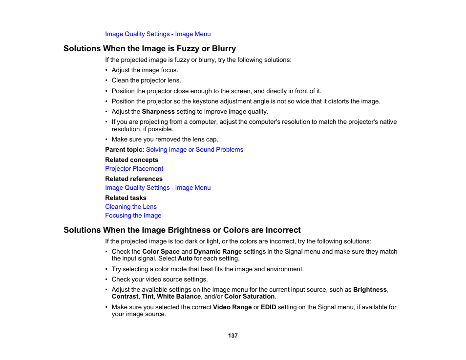 Solutions when the image is fuzzy or blurry | Epson 100" EpiqVision Ultra LS500 4000-Lumen Pixel-Shift 4K UHD 3LCD Laser Projector TV System with 100" Screen (White Projector) User Manual | Page 137 / 170