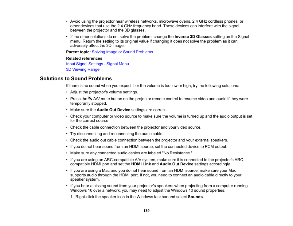 Solutions to sound problems | Epson 100" EpiqVision Ultra LS500 4000-Lumen Pixel-Shift 4K UHD 3LCD Laser Projector TV System with 100" Screen (White Projector) User Manual | Page 139 / 170