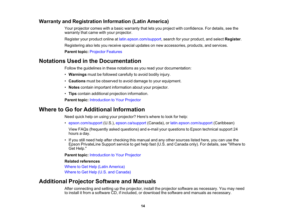 Notations used in the documentation, Where to go for additional information, Additional projector software and manuals | Epson 100" EpiqVision Ultra LS500 4000-Lumen Pixel-Shift 4K UHD 3LCD Laser Projector TV System with 100" Screen (White Projector) User Manual | Page 14 / 170