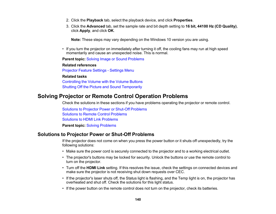 Solutions to projector power or shut-off problems | Epson 100" EpiqVision Ultra LS500 4000-Lumen Pixel-Shift 4K UHD 3LCD Laser Projector TV System with 100" Screen (White Projector) User Manual | Page 140 / 170