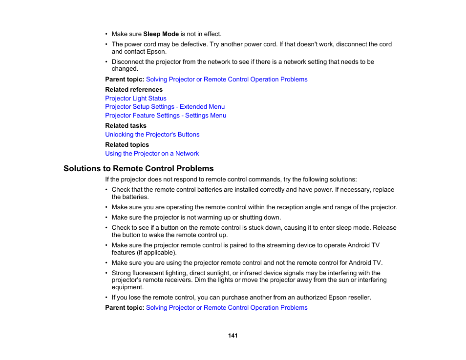 Solutions to remote control problems | Epson 100" EpiqVision Ultra LS500 4000-Lumen Pixel-Shift 4K UHD 3LCD Laser Projector TV System with 100" Screen (White Projector) User Manual | Page 141 / 170