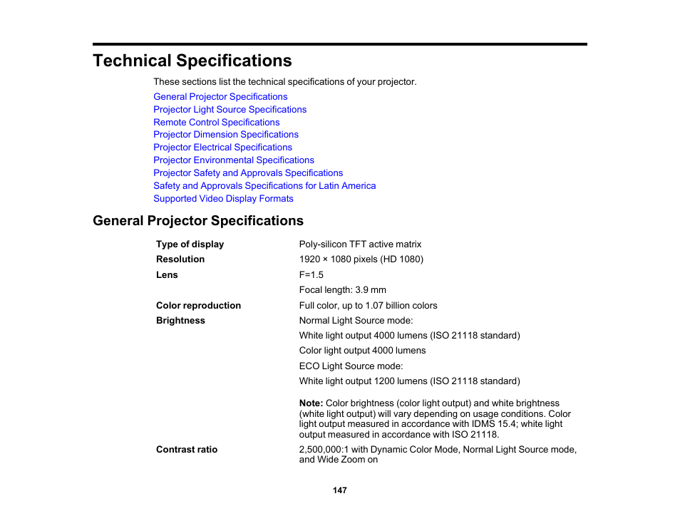Technical specifications, General projector specifications | Epson 100" EpiqVision Ultra LS500 4000-Lumen Pixel-Shift 4K UHD 3LCD Laser Projector TV System with 100" Screen (White Projector) User Manual | Page 147 / 170