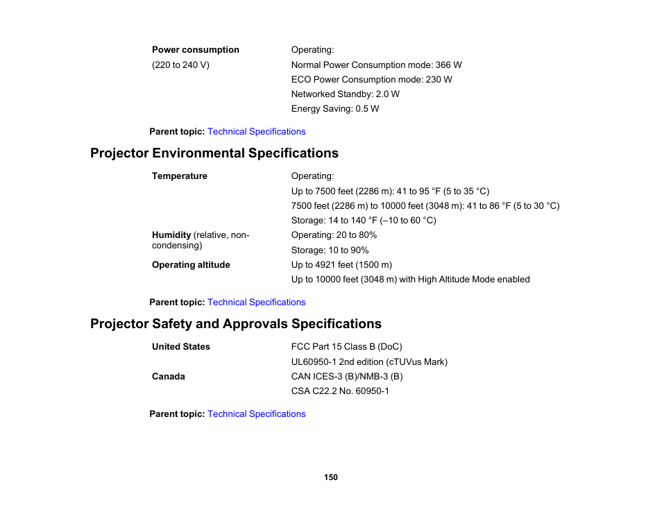 Projector environmental specifications, Projector safety and approvals specifications | Epson 100" EpiqVision Ultra LS500 4000-Lumen Pixel-Shift 4K UHD 3LCD Laser Projector TV System with 100" Screen (White Projector) User Manual | Page 150 / 170