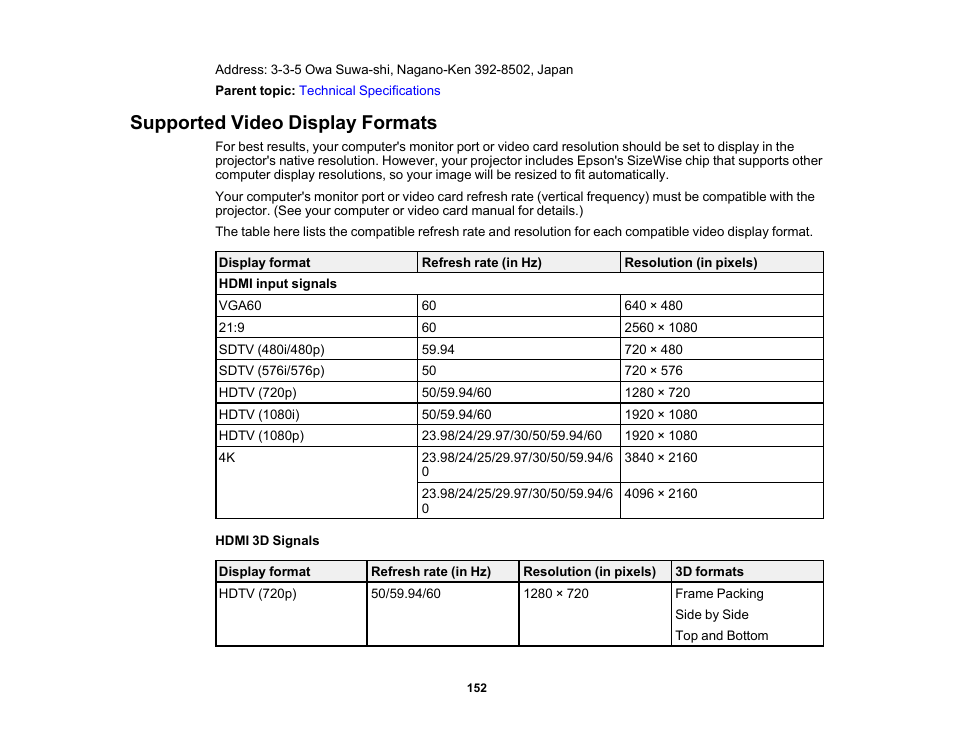 Supported video display formats | Epson 100" EpiqVision Ultra LS500 4000-Lumen Pixel-Shift 4K UHD 3LCD Laser Projector TV System with 100" Screen (White Projector) User Manual | Page 152 / 170