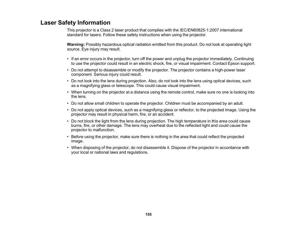 Laser safety information | Epson 100" EpiqVision Ultra LS500 4000-Lumen Pixel-Shift 4K UHD 3LCD Laser Projector TV System with 100" Screen (White Projector) User Manual | Page 155 / 170