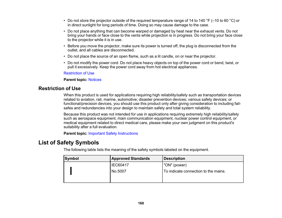 Restriction of use, List of safety symbols | Epson 100" EpiqVision Ultra LS500 4000-Lumen Pixel-Shift 4K UHD 3LCD Laser Projector TV System with 100" Screen (White Projector) User Manual | Page 160 / 170