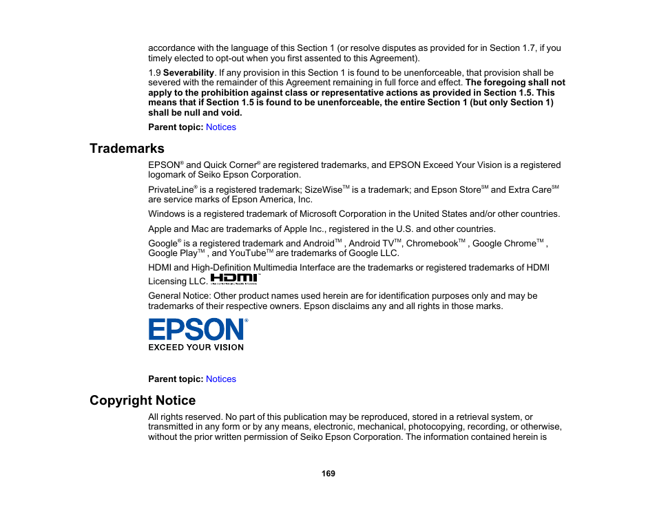 Trademarks, Copyright notice, Trademarks copyright notice | Epson 100" EpiqVision Ultra LS500 4000-Lumen Pixel-Shift 4K UHD 3LCD Laser Projector TV System with 100" Screen (White Projector) User Manual | Page 169 / 170