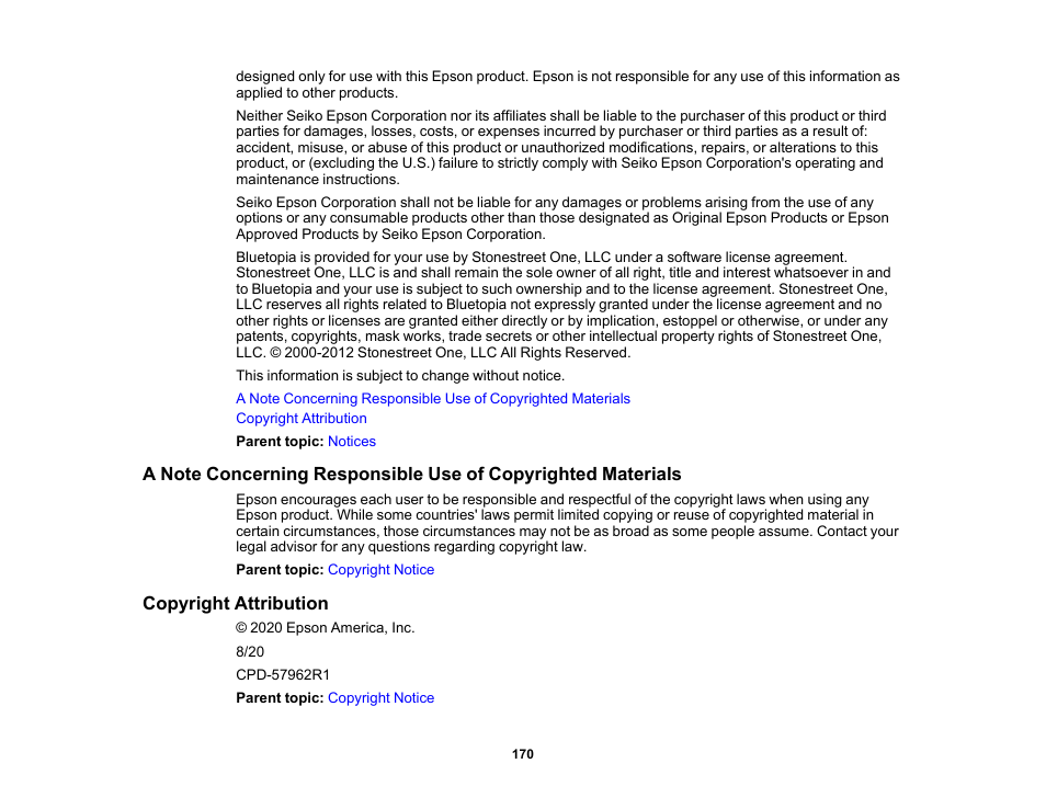 Copyright attribution | Epson 100" EpiqVision Ultra LS500 4000-Lumen Pixel-Shift 4K UHD 3LCD Laser Projector TV System with 100" Screen (White Projector) User Manual | Page 170 / 170