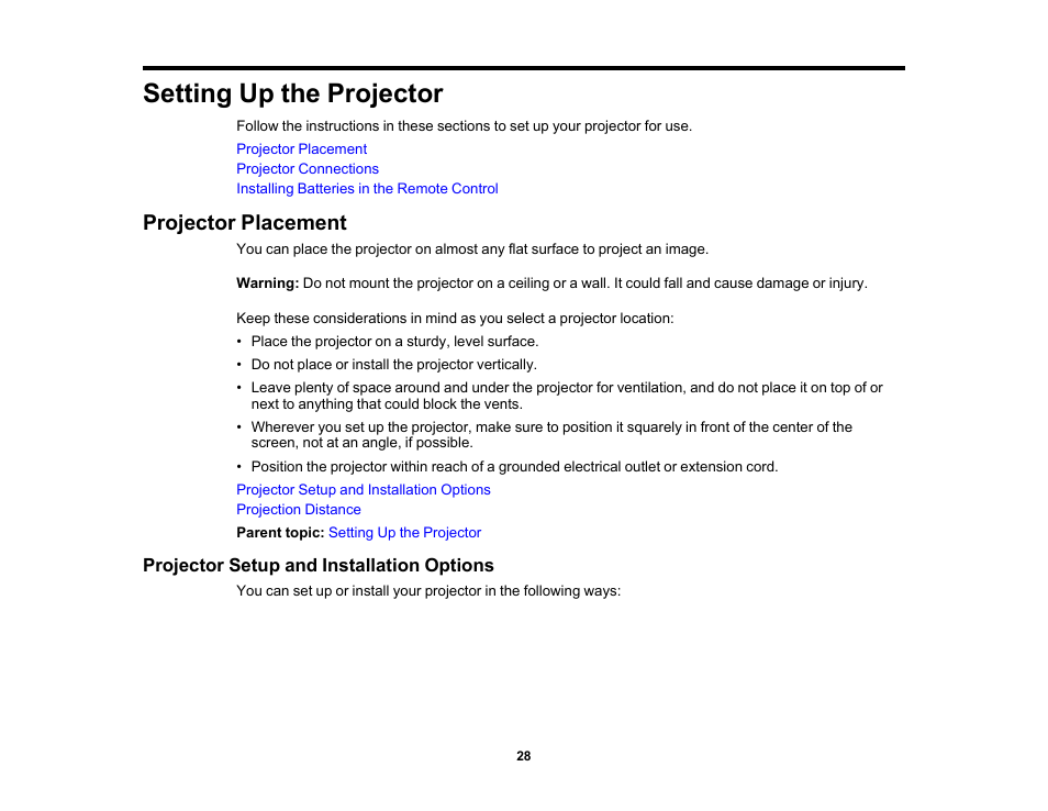 Setting up the projector, Projector placement, Projector setup and installation options | Epson 100" EpiqVision Ultra LS500 4000-Lumen Pixel-Shift 4K UHD 3LCD Laser Projector TV System with 100" Screen (White Projector) User Manual | Page 28 / 170