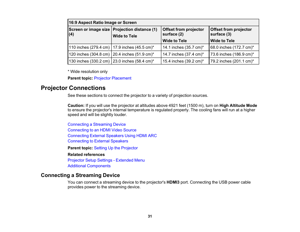Projector connections, Connecting a streaming device | Epson 100" EpiqVision Ultra LS500 4000-Lumen Pixel-Shift 4K UHD 3LCD Laser Projector TV System with 100" Screen (White Projector) User Manual | Page 31 / 170