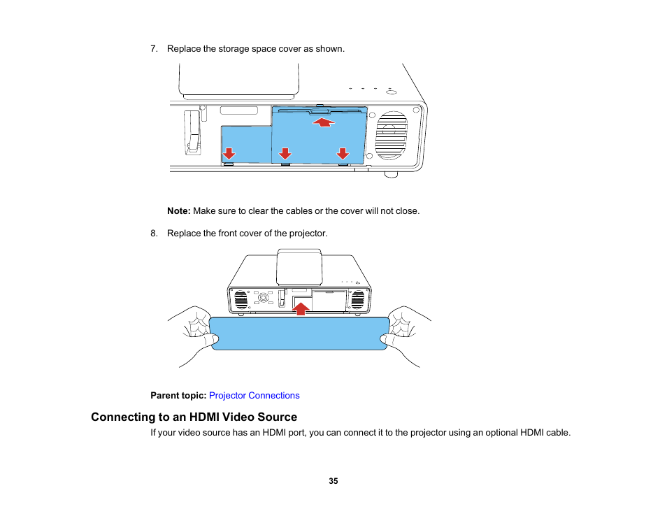 Connecting to an hdmi video source | Epson 100" EpiqVision Ultra LS500 4000-Lumen Pixel-Shift 4K UHD 3LCD Laser Projector TV System with 100" Screen (White Projector) User Manual | Page 35 / 170