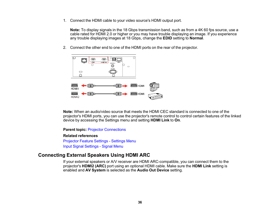 Connecting external speakers using hdmi arc | Epson 100" EpiqVision Ultra LS500 4000-Lumen Pixel-Shift 4K UHD 3LCD Laser Projector TV System with 100" Screen (White Projector) User Manual | Page 36 / 170