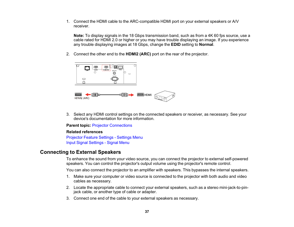 Connecting to external speakers | Epson 100" EpiqVision Ultra LS500 4000-Lumen Pixel-Shift 4K UHD 3LCD Laser Projector TV System with 100" Screen (White Projector) User Manual | Page 37 / 170