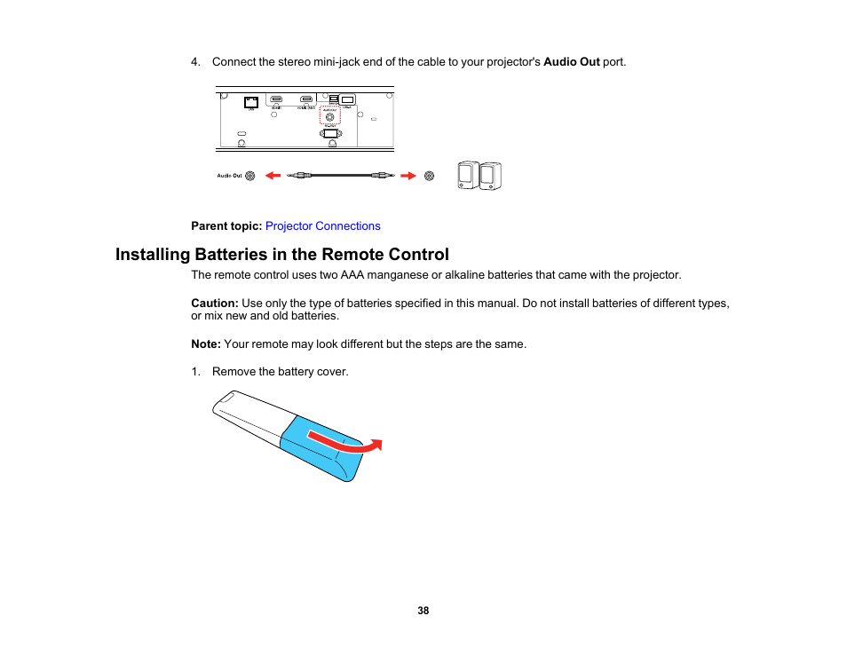 Installing batteries in the remote control | Epson 100" EpiqVision Ultra LS500 4000-Lumen Pixel-Shift 4K UHD 3LCD Laser Projector TV System with 100" Screen (White Projector) User Manual | Page 38 / 170