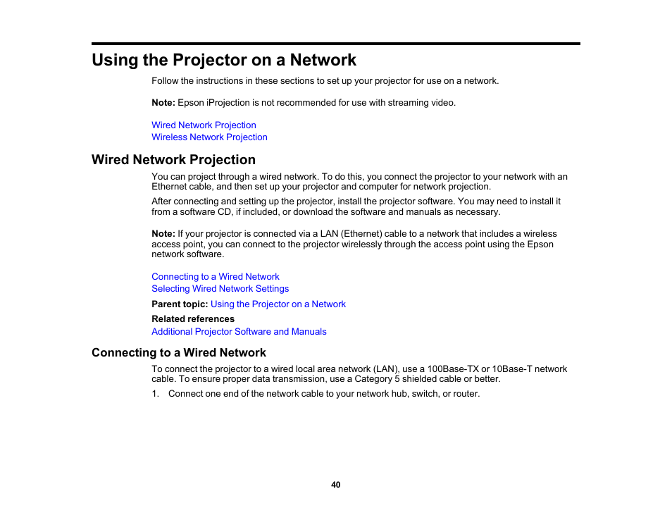 Using the projector on a network, Wired network projection, Connecting to a wired network | Epson 100" EpiqVision Ultra LS500 4000-Lumen Pixel-Shift 4K UHD 3LCD Laser Projector TV System with 100" Screen (White Projector) User Manual | Page 40 / 170