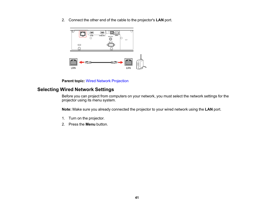 Selecting wired network settings | Epson 100" EpiqVision Ultra LS500 4000-Lumen Pixel-Shift 4K UHD 3LCD Laser Projector TV System with 100" Screen (White Projector) User Manual | Page 41 / 170