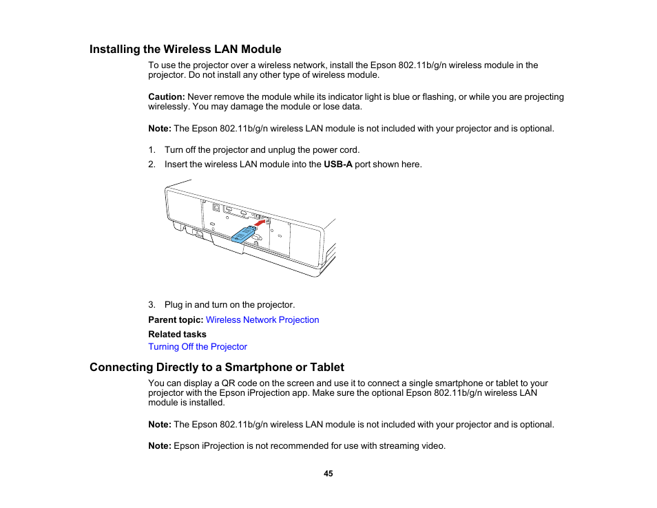 Installing the wireless lan module, Connecting directly to a smartphone or tablet | Epson 100" EpiqVision Ultra LS500 4000-Lumen Pixel-Shift 4K UHD 3LCD Laser Projector TV System with 100" Screen (White Projector) User Manual | Page 45 / 170