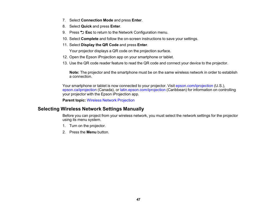 Selecting wireless network settings manually | Epson 100" EpiqVision Ultra LS500 4000-Lumen Pixel-Shift 4K UHD 3LCD Laser Projector TV System with 100" Screen (White Projector) User Manual | Page 47 / 170