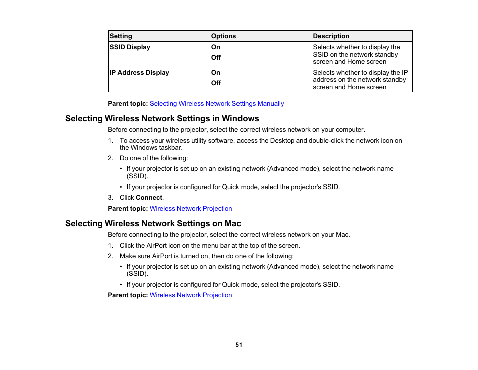 Selecting wireless network settings in windows, Selecting wireless network settings on mac | Epson 100" EpiqVision Ultra LS500 4000-Lumen Pixel-Shift 4K UHD 3LCD Laser Projector TV System with 100" Screen (White Projector) User Manual | Page 51 / 170